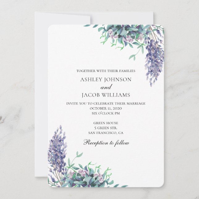 Invitación boda morada y verde azulada. Flores de  (Anverso)