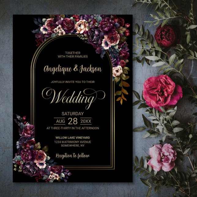 Invitación Boda morado de arco floral negro de Borgoña (Subido por el creador)