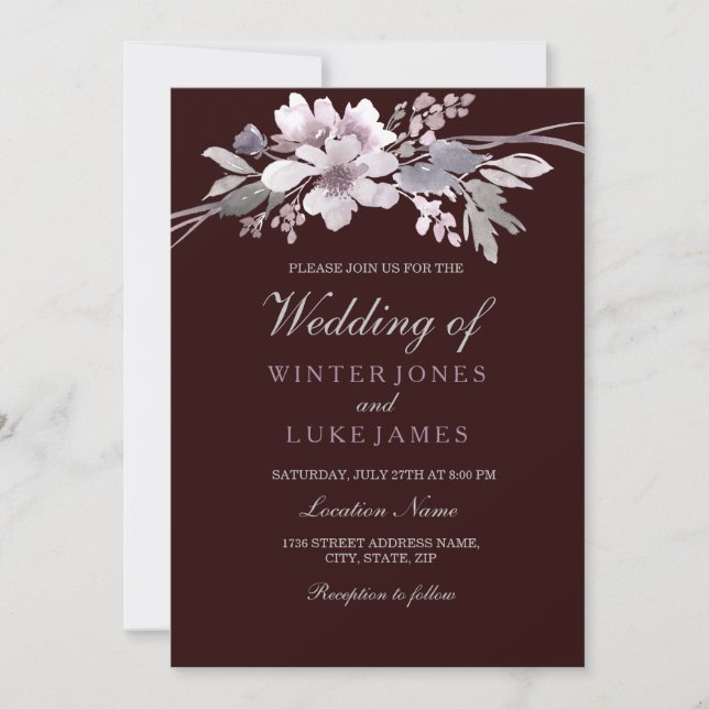 Invitación Boda morado de flor blanca borgoñona (Anverso)