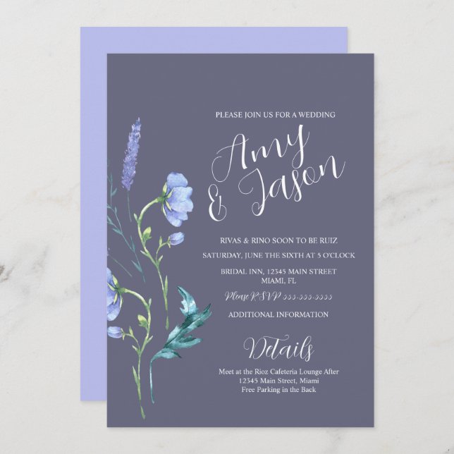 Invitación Boda morado de flor salvaje de primavera (Anverso / Reverso)