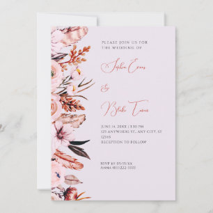 Invitación Boda morado de flores rosadas y marrones de Boho