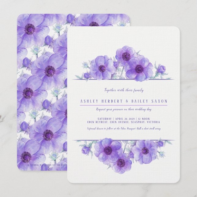 Invitación Boda morado de la anémona floral de la acuarela (Anverso / Reverso)
