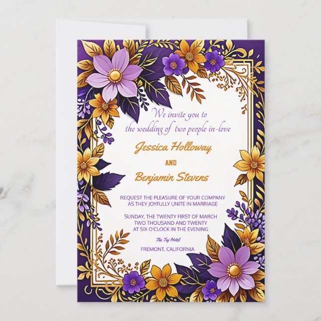 Invitación Boda morado de oro floral ultravioleta (Anverso)