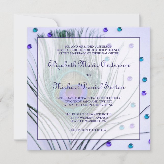 Invitación Boda morado de plumas de pavo real (Anverso)