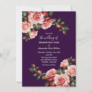 Invitación Boda morado de rosas rosadas y rojas color morado 