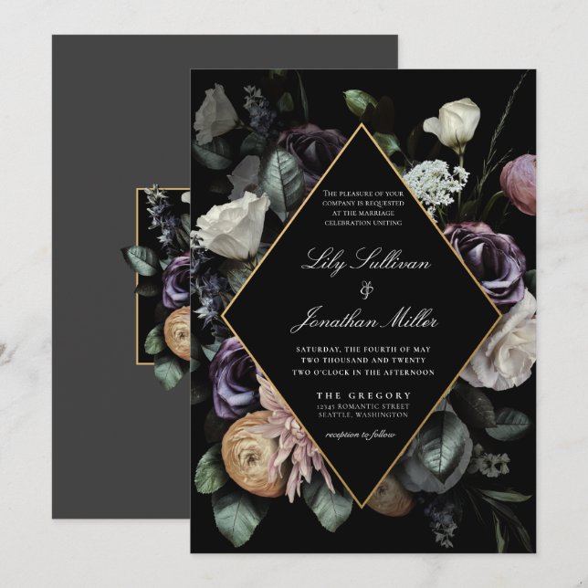 Invitación Boda morado del marco floral oscuro de Moody en ot (Anverso / Reverso)