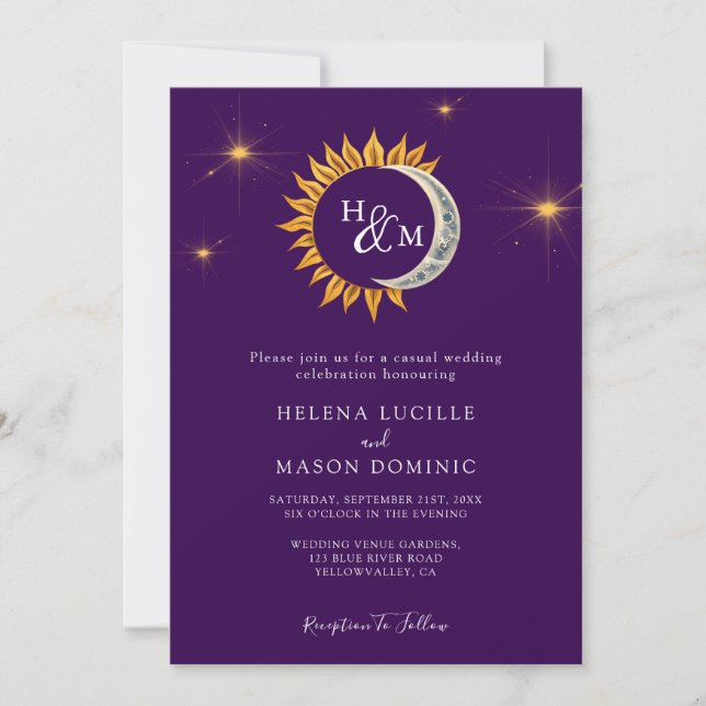 Invitación Boda morado del monograma Sun y Moon (Anverso)