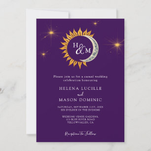 Invitación Boda morado del monograma Sun y Moon