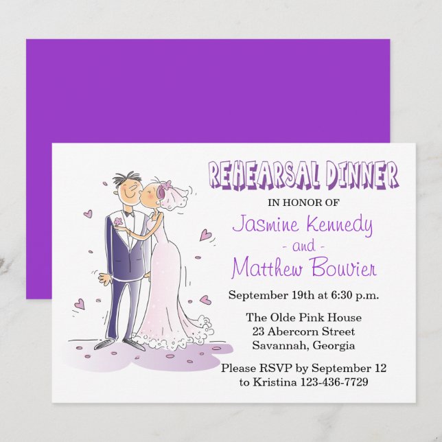 Invitación Boda morado ensayando cena novia y novio (Anverso / Reverso)