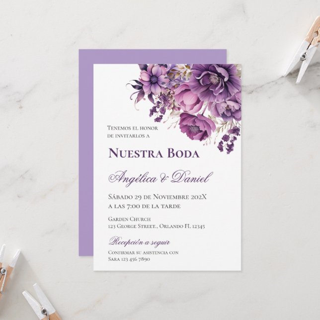 Invitación Boda morado español (Anverso/Reverso In Situ)