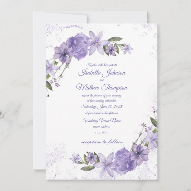 Invitación Boda morado floral (Anverso)