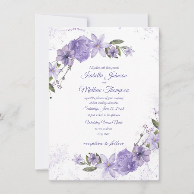 Invitación Boda morado floral (Anverso)