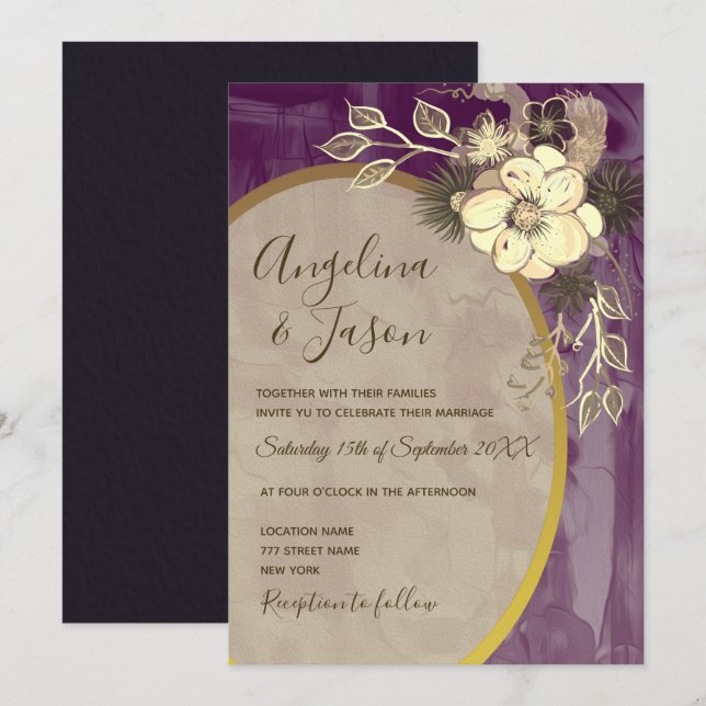 Invitación Boda morado floral (Anverso / Reverso)