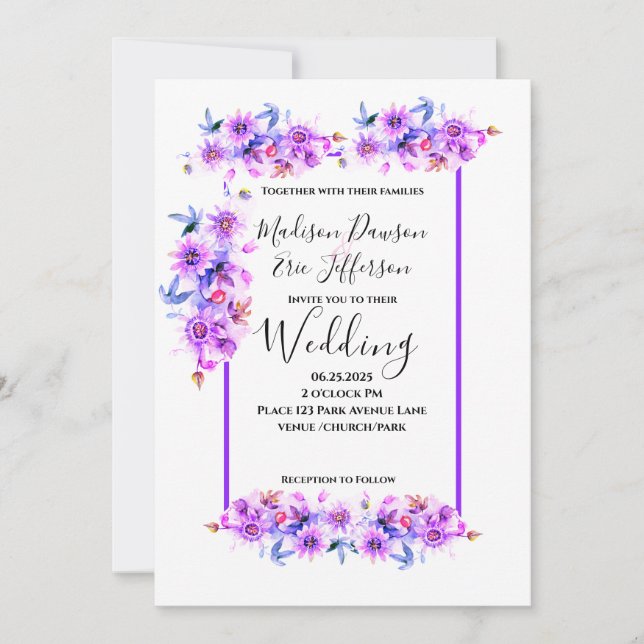 Invitación Boda morado floral (Anverso)