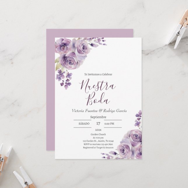 Invitación Boda morado floral español (Anverso/Reverso In Situ)