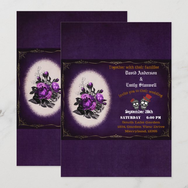 Invitación Boda morado floral gótico del cráneo de Halloween (Anverso / Reverso)