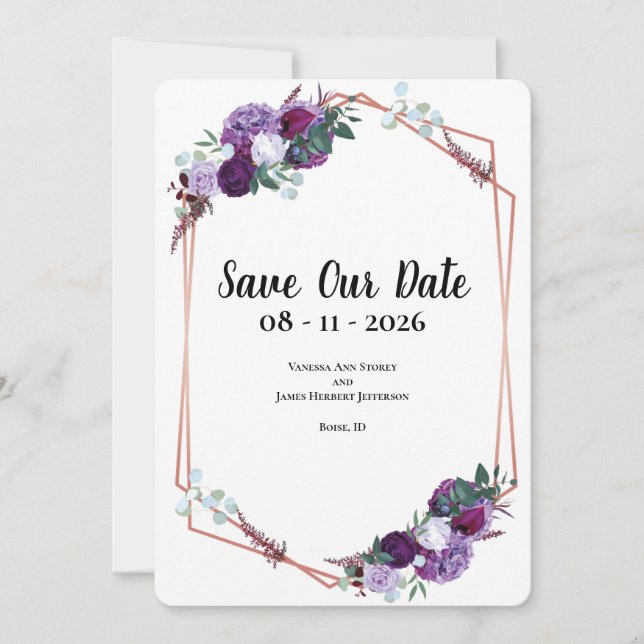 Invitación Boda morado floral Guardar fecha (Anverso)