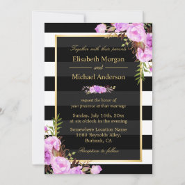 Invitación Boda Morado Floral Oro Bandas Blancas Negras