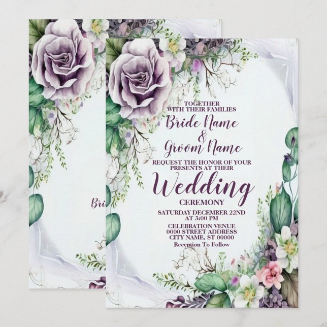 Invitación Boda Morado Floral Verde Foliage Acuarela (Anverso / Reverso)