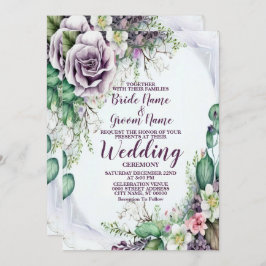 Invitación Boda Morado Floral Verde Foliage Acuarela