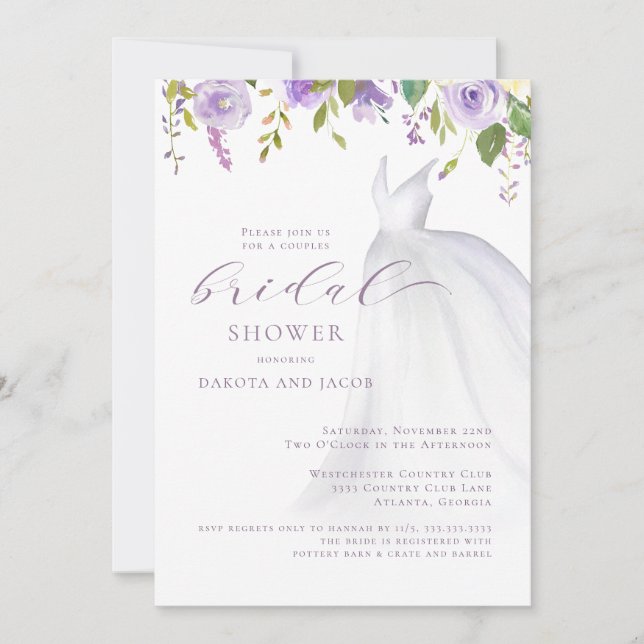 Invitación Boda morado floral Vestido Parejas Ducha de novia (Anverso)