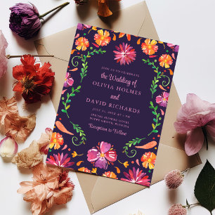 Invitación Boda Morado Mexicano Vibrante Floral Fiesta