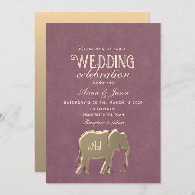 Invitación Boda morado monograma dorado (Anverso / Reverso)
