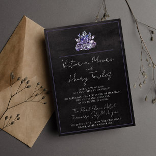 Invitación Boda morado morado de Halloween negro floral oscur