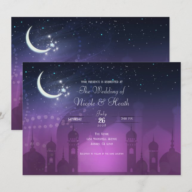 Invitación Boda morado morado de las noches árabes (Anverso / Reverso)