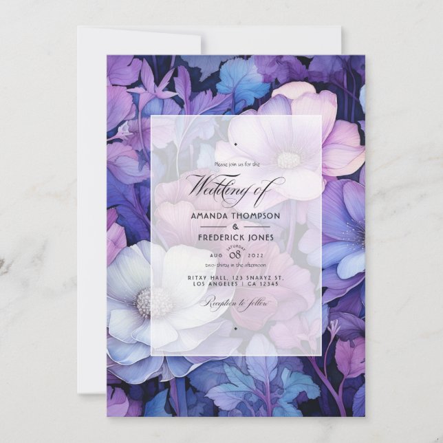 Invitación Boda morado, plateado y floral azul (Anverso)
