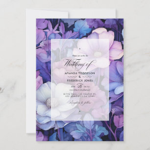 Invitación Boda morado, plateado y floral azul