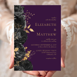 Invitación Boda morado romántico de oro negro floral