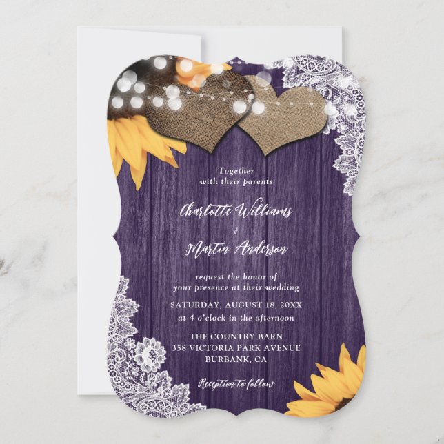 Invitación Boda Morado Sunflower Wood Floral Lace (Anverso)