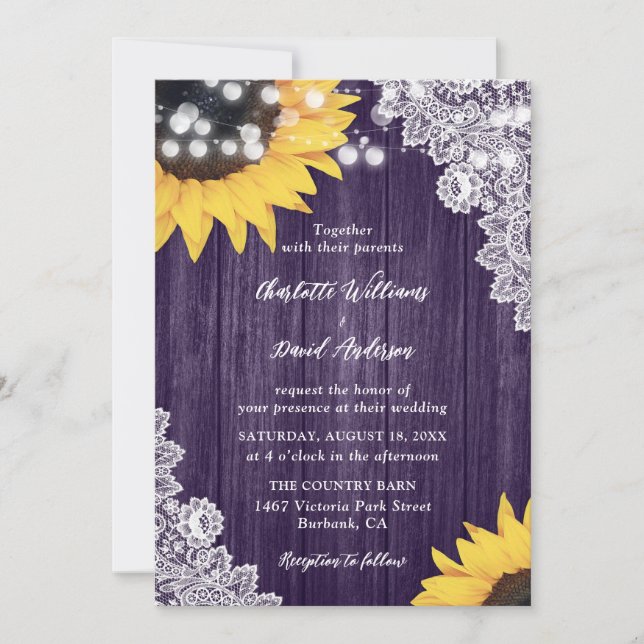 Invitación Boda Morado Sunflower Wood Floral Lace (Anverso)