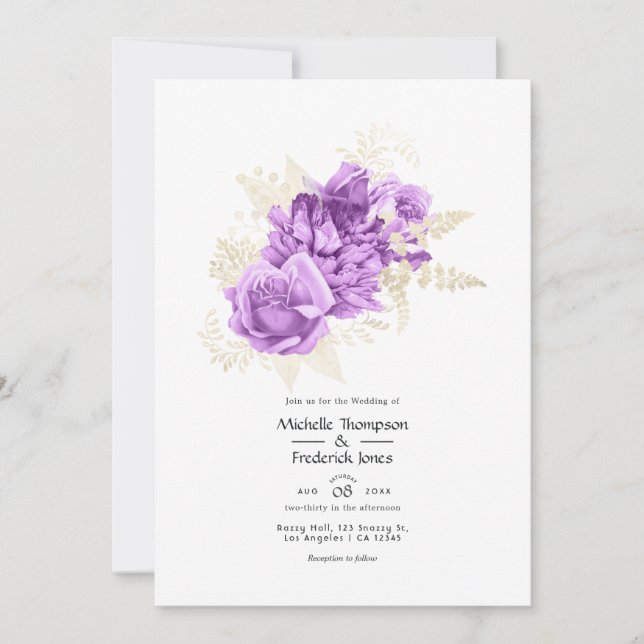 Invitación Boda morado y floral de marfil (Anverso)