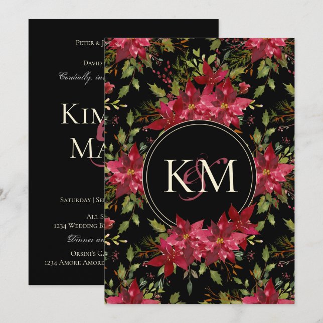 Invitación Boda moreno Claret Red Poinsettia Monograma (Anverso / Reverso)