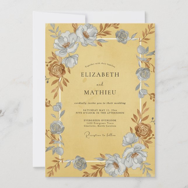 Invitación Boda Mostaza Azul Ranunculus Eucalipto (Anverso)