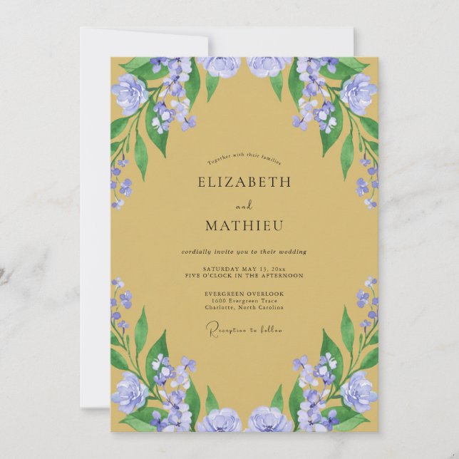 Invitación Boda Mostaza Flor de Lila (Anverso)