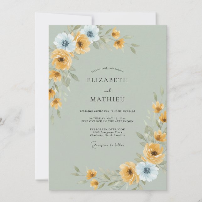 Invitación Boda Mostaza Periwinkle Ranunculus Eucalipto (Anverso)
