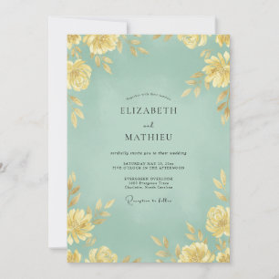 Invitación Boda Mostaza Pétalo Verde Azul Pálido