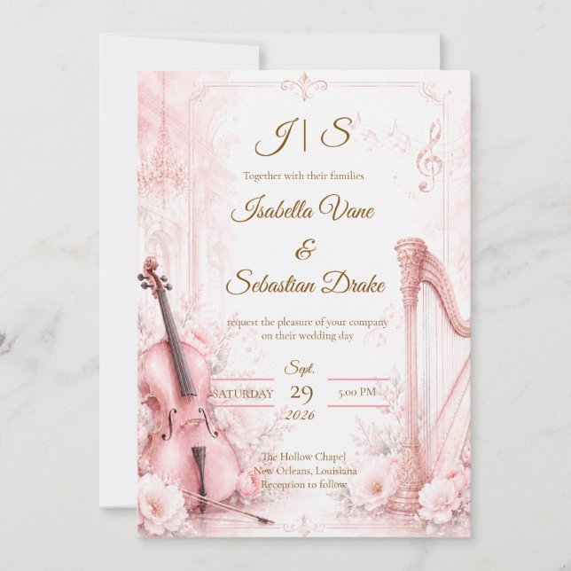 Invitación Boda Musical Elegante Rosa (Anverso)