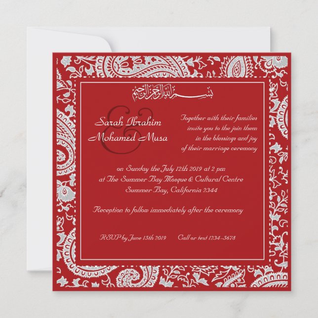 Invitación boda musulmán autóctono rojo y blanco (Anverso)