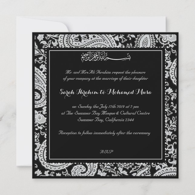 Invitación Boda musulmán blanco y negro de Paisley (Anverso)