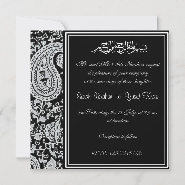Invitación boda musulmán de Damasco blanco y negro indio (Anverso)