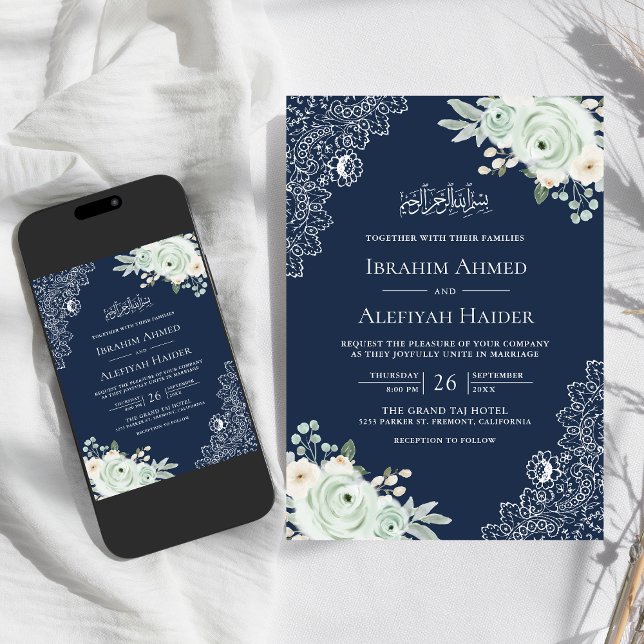 Invitación Boda musulmán de la flor verde azarosa azul de la  (Subido por el creador)