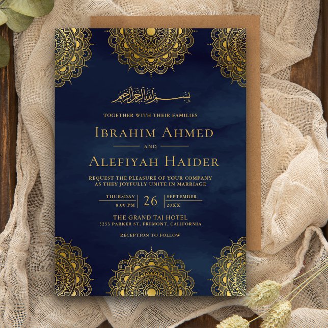 Invitación Boda musulmán de la Marina azul y oro asiático (Subido por el creador)