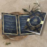 Invitación Boda musulmán de la Marina Rusa de Oro Azul Damasc<br><div class="desc">Sorprenda a sus invitados con esta elegante invitación de boda doblada que presenta falsos acentos de Relieve metalizado de oro y un hermoso patrón de damasco con "Bismillah" en caligrafía árabe. Simplemente agregue los detalles de su evento en esta plantilla fácil de usar para convertirla en una invitación única.</div>