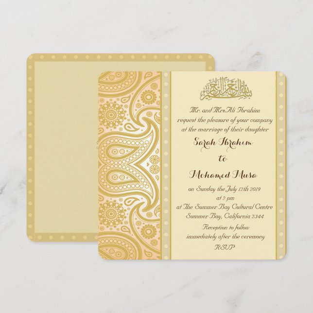Invitación Boda musulmán de Paisley del oro (Anverso / Reverso)