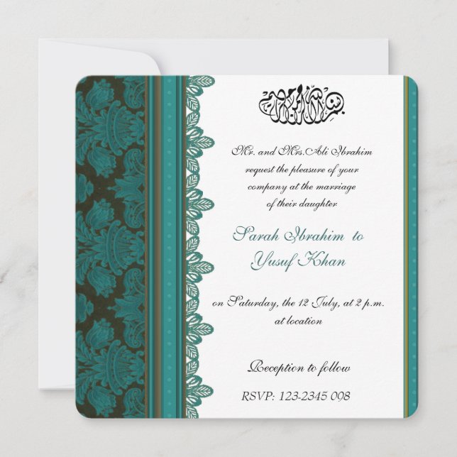 Invitación Boda musulmán del brocado azul del damasco (Anverso)