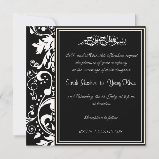 Invitación Boda musulmán del brocado blanco y negro del (Anverso)